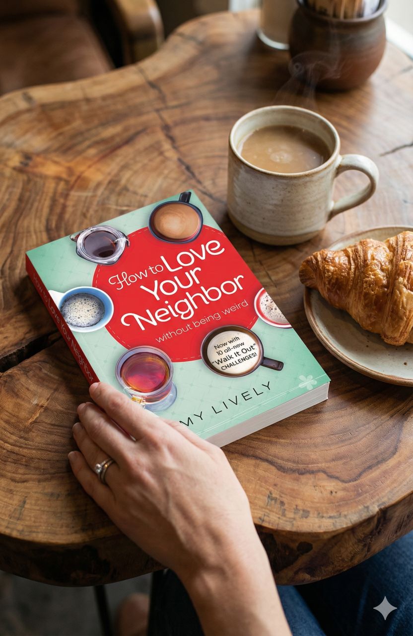 book on wood table with coffee and a croissant
